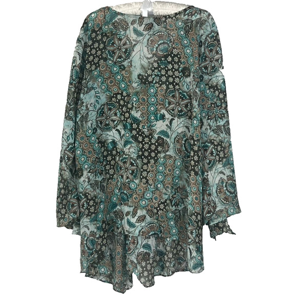 Lane Bryant Blouse Women's Size 18/20 Brown/Teal Floral Geometric Asymmetrical - Picture 2 of 8